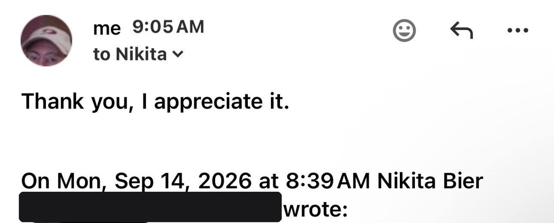 Email from Jack Levin to Nikita Bier reading: Thank you, I appreciate it