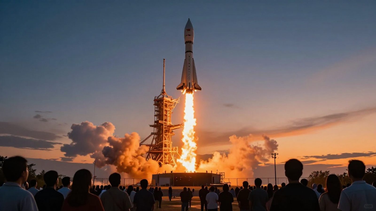 Illustration of a crowd watching a rocket launch from behind a distant fence