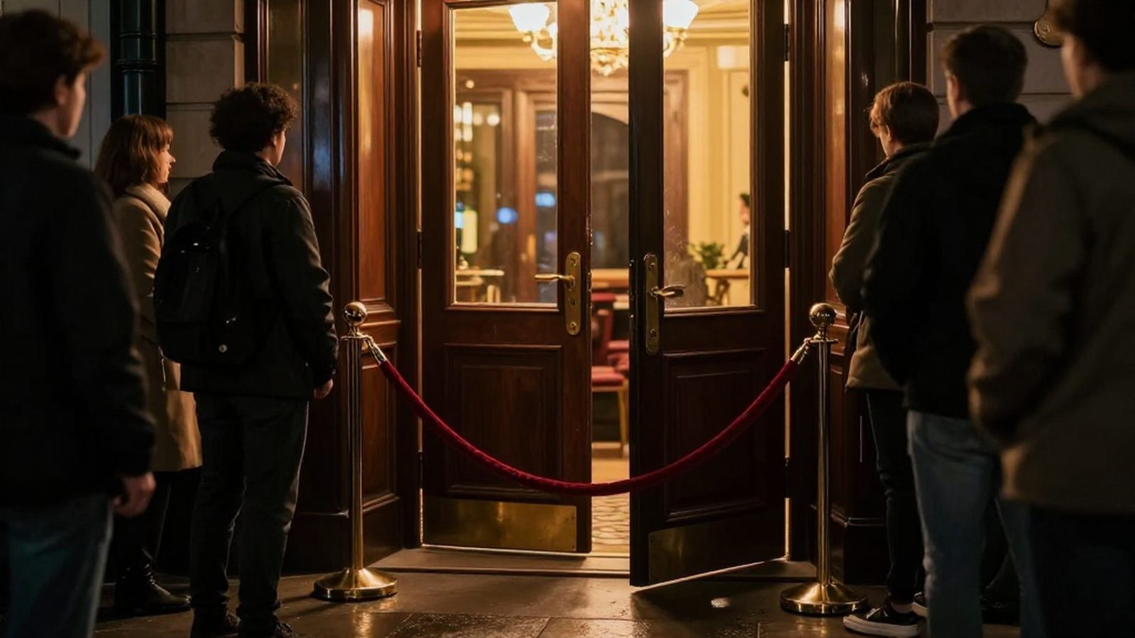 Illustration of a velvet rope in front of the doors of a private club, with people waiting outside