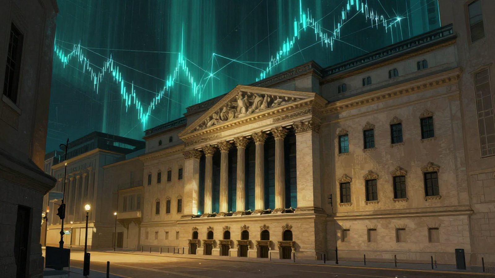 Illustration of a closed stock exchange building at night under a sky of glowing market lines