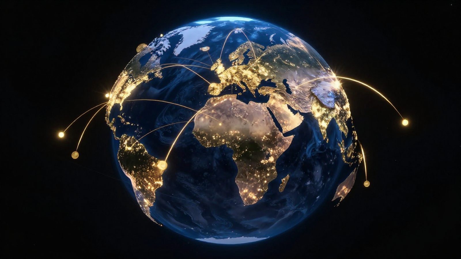 Illustration of the Earth at night with golden arcs carrying coins between continents