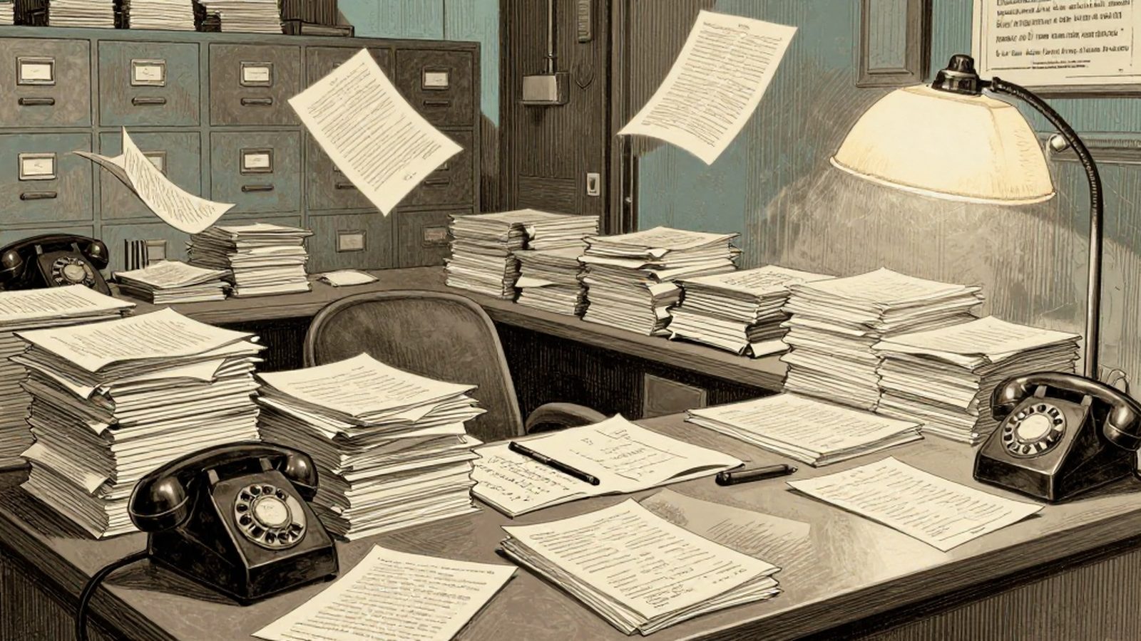 Illustration of a 1960s brokerage back office buried in paper stock certificates