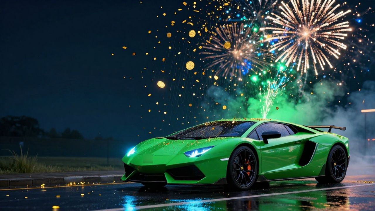 A green supercar under fireworks and falling gold coins, illustrating Jack Levin’s joke about the airdrop