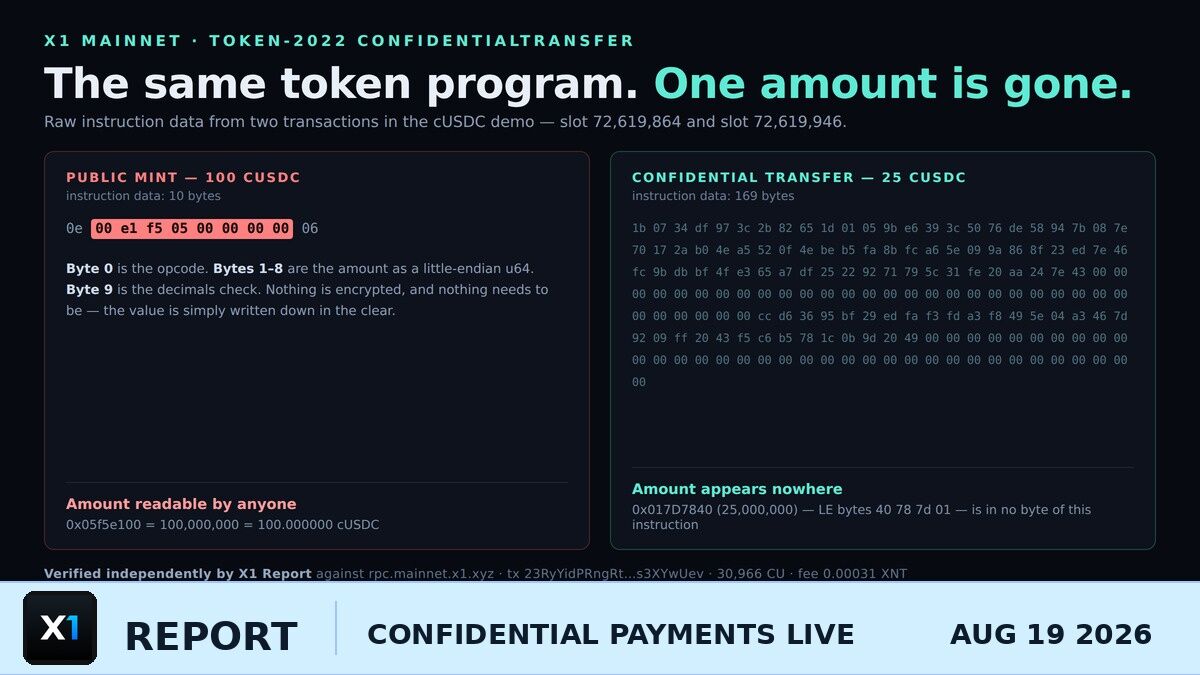 Project Custard: Confidential Payments Are Live on X1, and the Transfer Amount Is Nowhere in the Transaction