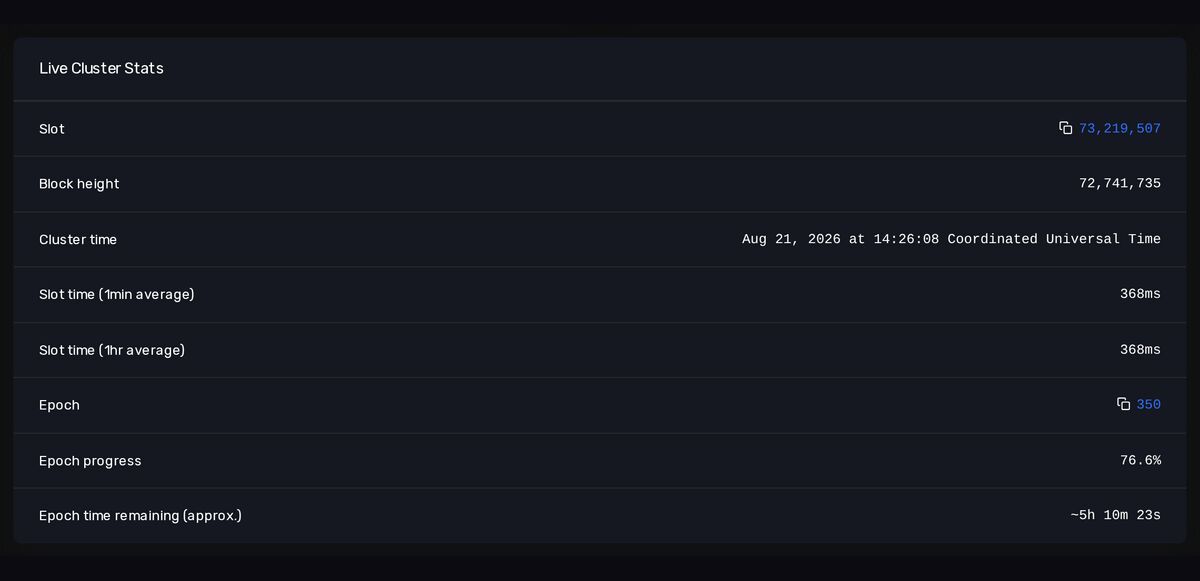 X1 official explorer live cluster stats showing slot time 368ms at epoch 350