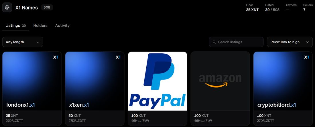 X1 Names marketplace showing 508 names, a 25 XNT floor, 39 listings from 7 sellers, with default and custom NFT artwork