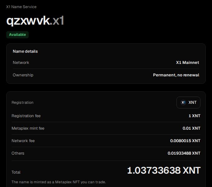 X1 Identity name page for a six-letter .x1 name: permanent ownership with no renewal, 1 XNT registration fee and a total of 1.037 XNT