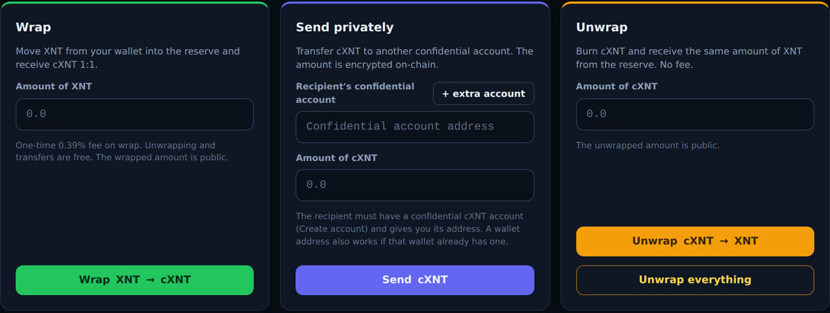 The X1 Privacy app: three panels labelled Wrap, Send privately and Unwrap, with amount fields and coloured action buttons