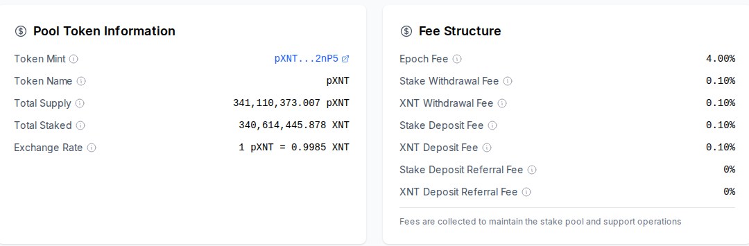 X1 Stake Pool info page showing pXNT total supply 341,110,373 pXNT, total staked 340,614,445 XNT, exchange rate 1 pXNT = 0.9985 XNT, 4% epoch fee and 0.10% deposit and withdrawal fees