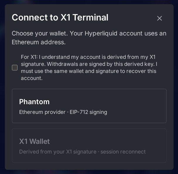 X1 Terminal connect dialog offering Phantom with EIP-712 signing or X1 Wallet with an account derived from the X1 signature