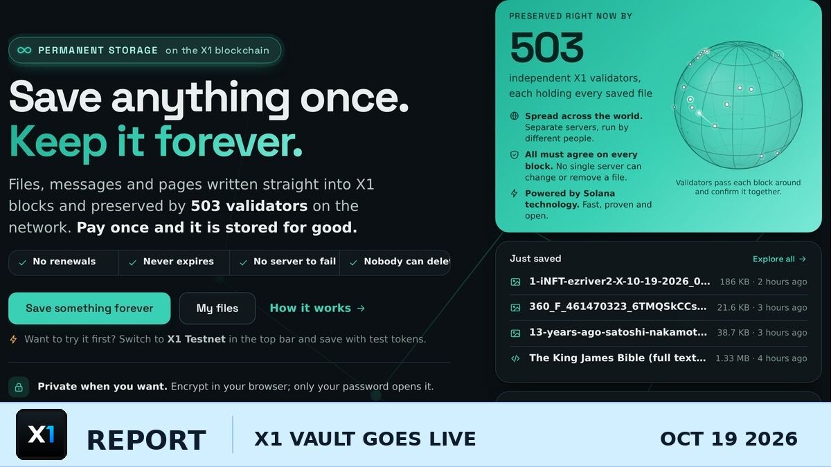 X1 VAULT Launches: Pay Once and Every X1 Validator Keeps Your File Forever