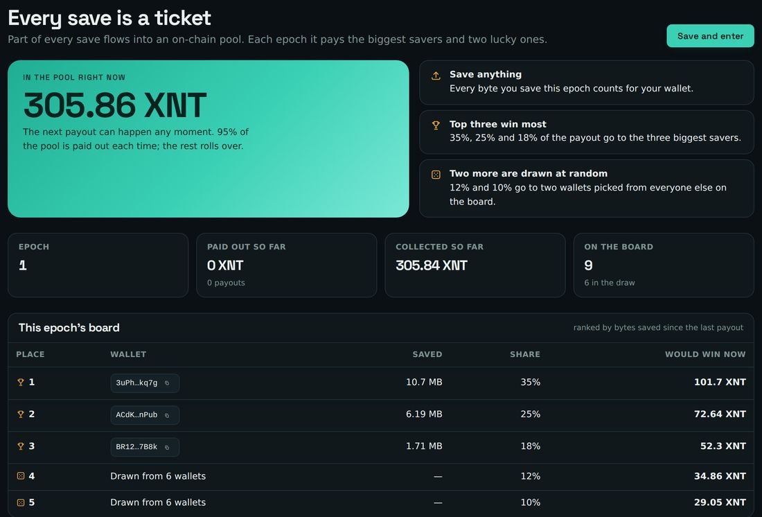 X1 VAULT rewards page showing 305.86 XNT in the pool, epoch 1, nine wallets on the board and payout shares of 35, 25, 18, 12 and 10 percent