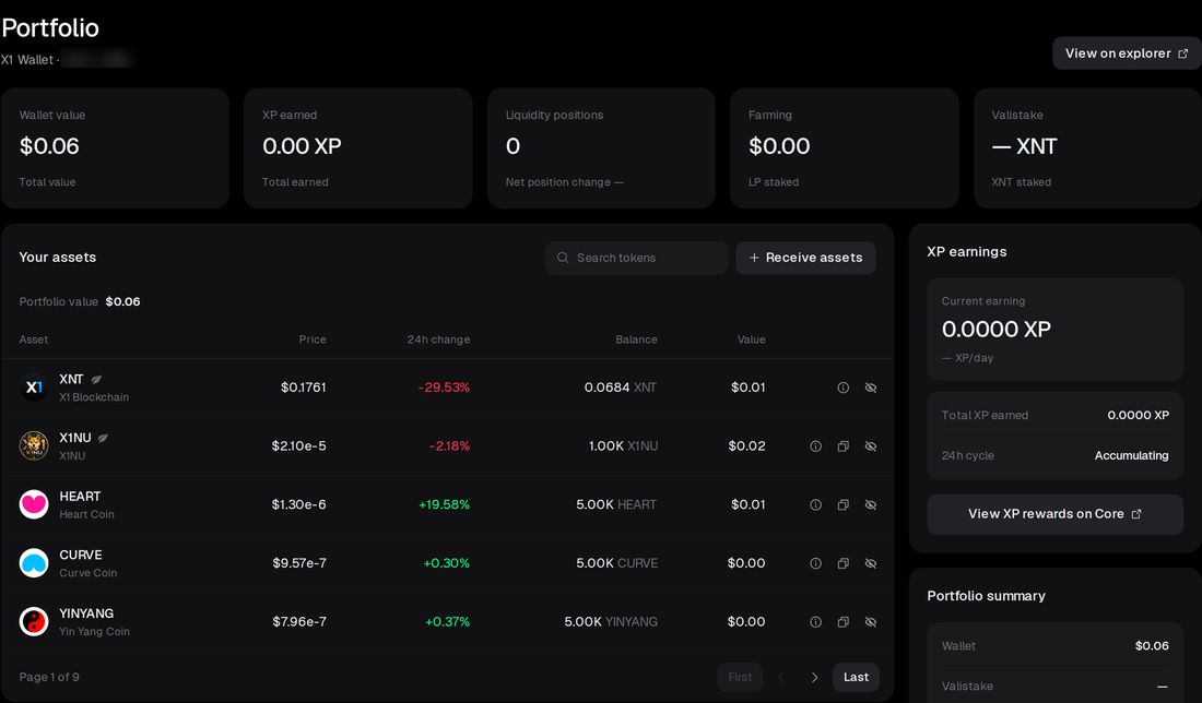 XDEX Portfolio page showing wallet value, XP earned, liquidity positions, farming, Valistake, an asset table and an XP earnings panel